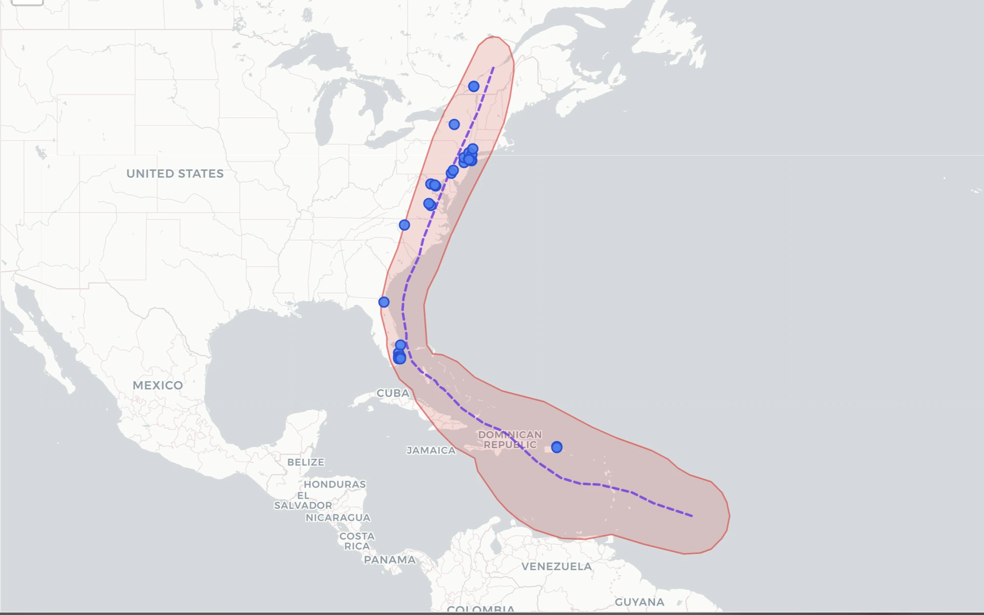 Historical map showing Hurricane Isaías's event area and track path