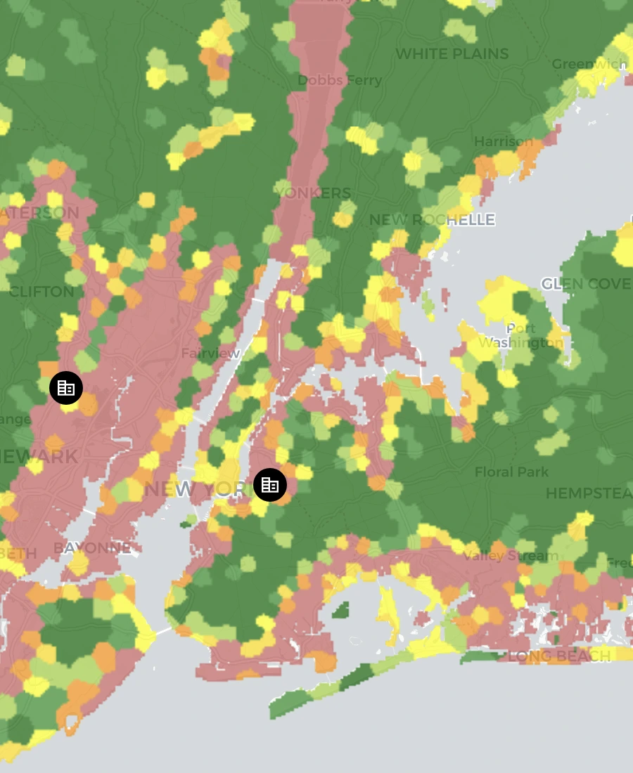 Beehive physical risk heat map focused on New York City and nearby enterprise assets